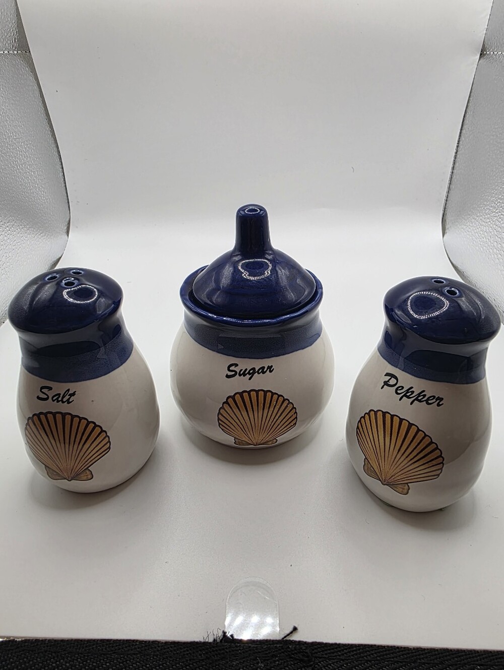 Seashell Salt, Sugar & Pepper Ceramic Set - Navy & Cream